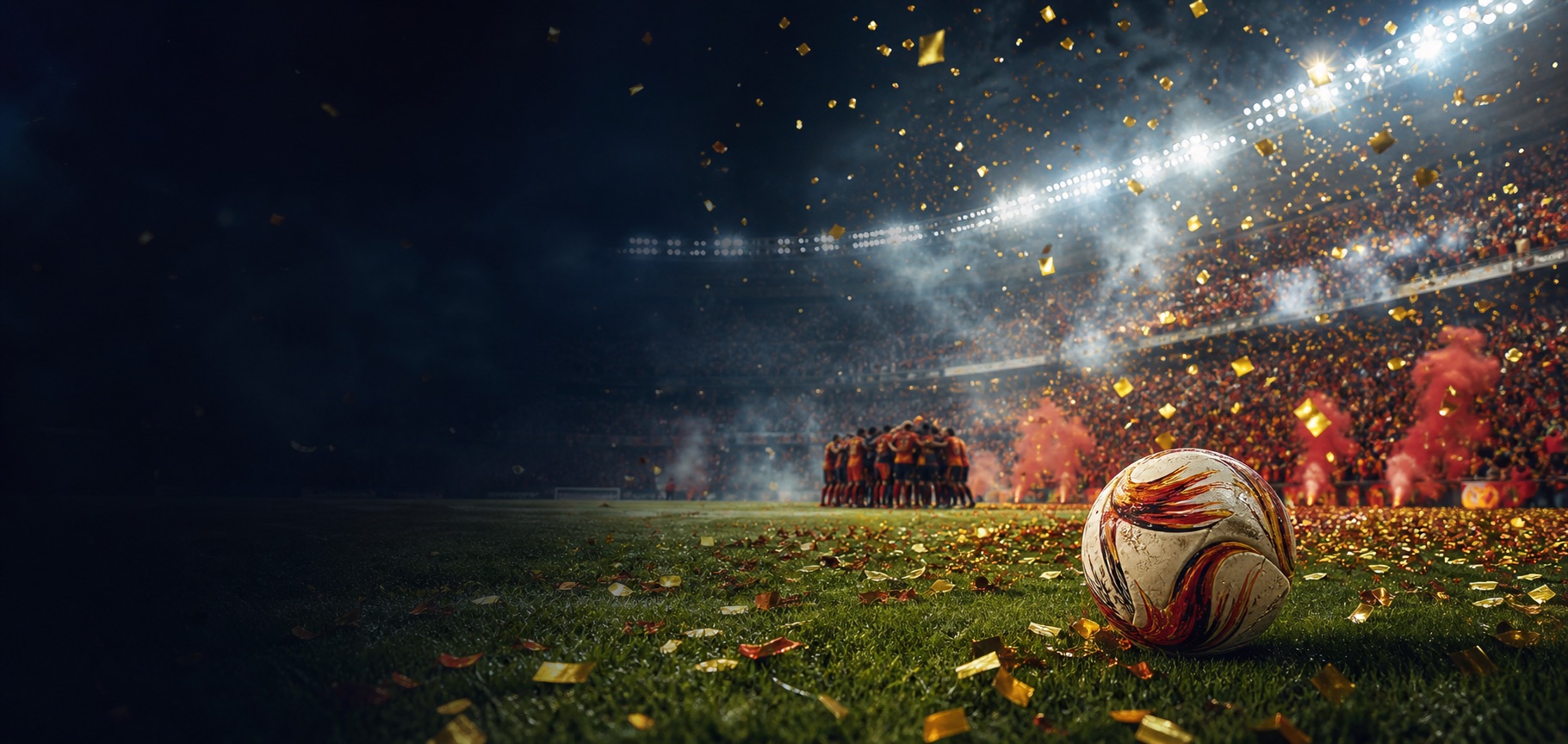 A red-and-gold football celebration under stadium lights